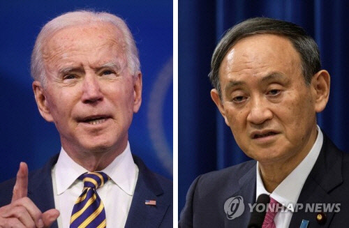 조 바이든 미국 대통령과 스가 요시히데 일본 총리[로이터·AP=연합뉴스]